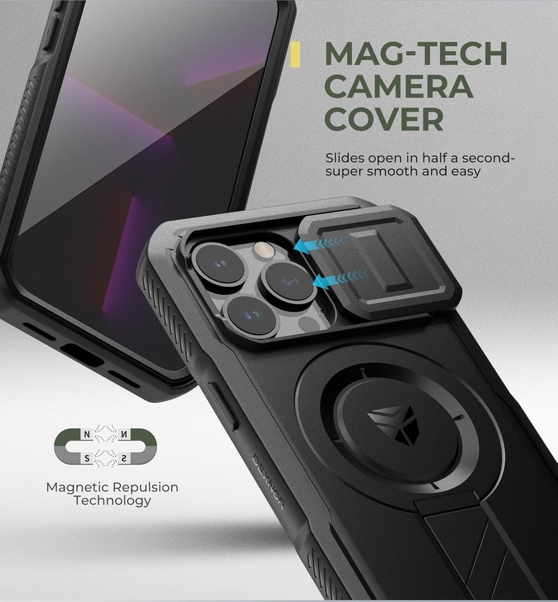 Dexnor for iPhone 13 Pro Case with Slide Camera Cover & Adjustable Kickstand & Built-in Screen Protector, Magnetic Rugged Shockproof Bumper Cases Heavy-Duty Magnetic Protective Cover,Black - Image 4